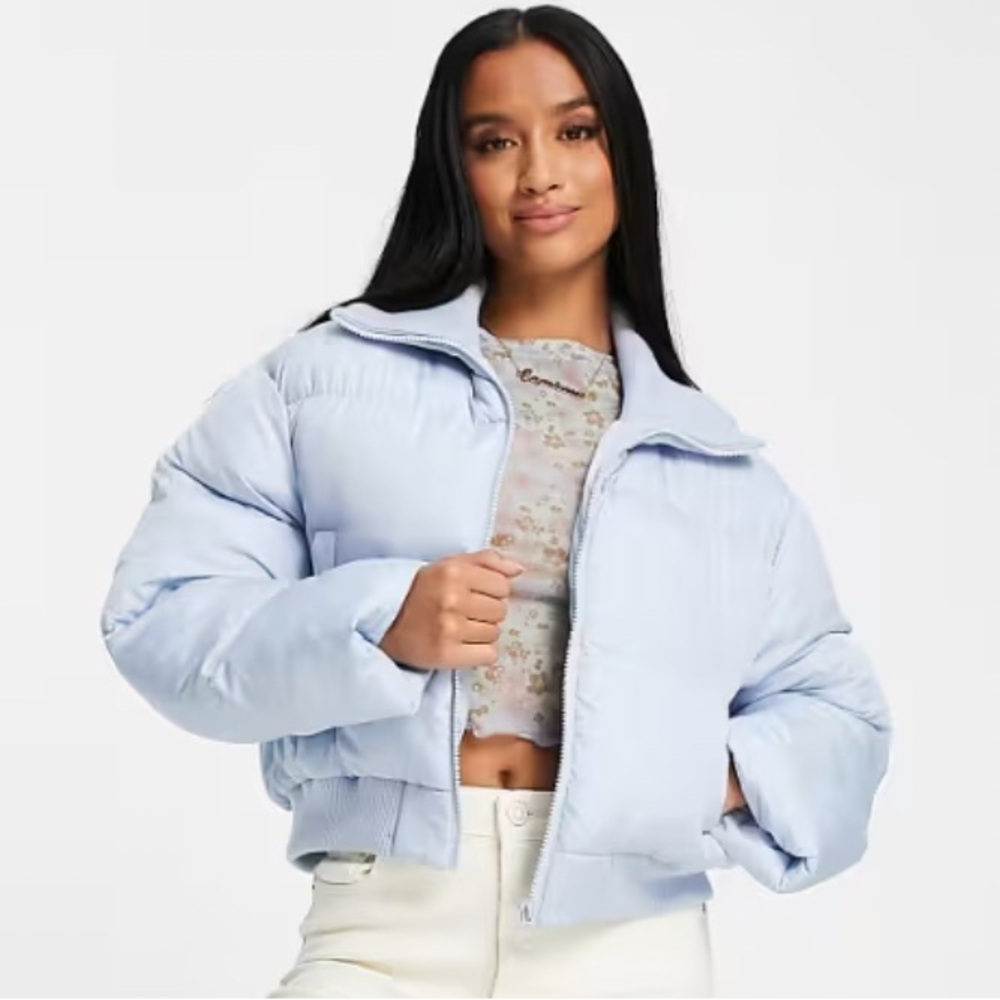 ASOS Petite Cropped Puffer Jacket in Sky Blue